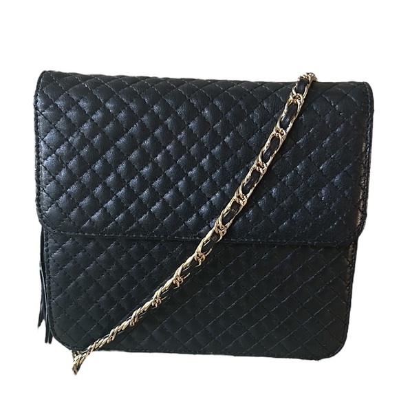 Talbots Black Leather Quilted Gold Chain Strap Tassel Crossbody Bag - Picture 5 of 16